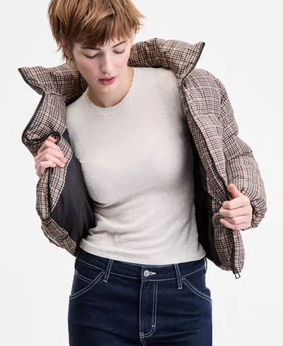 Sebby Women's Plaid Zip-front Puffer Coat In Brown