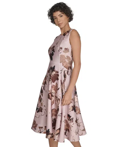 Calvin Klein Plus Size Printed Sleeveless Fit And Flare Dress In Pink