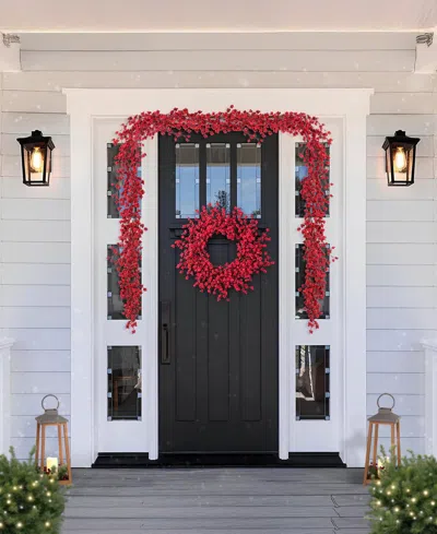 Glitzhome Christmas Red Berries Garland And Matched Wreaths, Set Of 3 In Multi