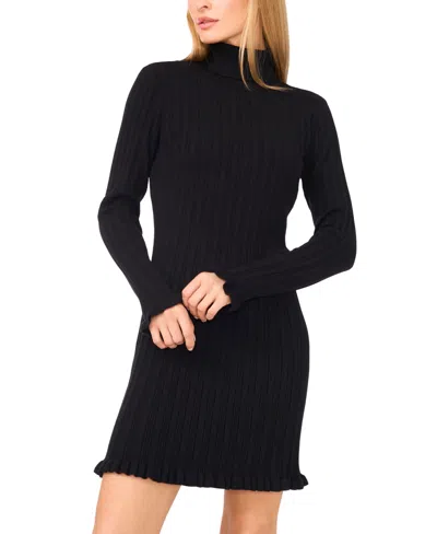 Cece Long Sleeve Rib Turtleneck Sweater Minidress In Black