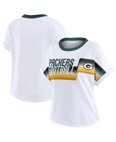 Wear By Erin Andrews Women's White Green Bay Packers Cropped Center Stripe Dolman T-shirt In White