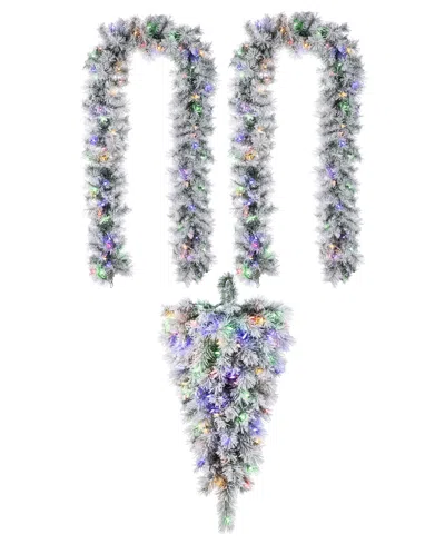 Glitzhome Pre-lit Snow Flocked Greenery Pine Christmas Teardrop And Matched Garlands, Set Of 3 In Multi