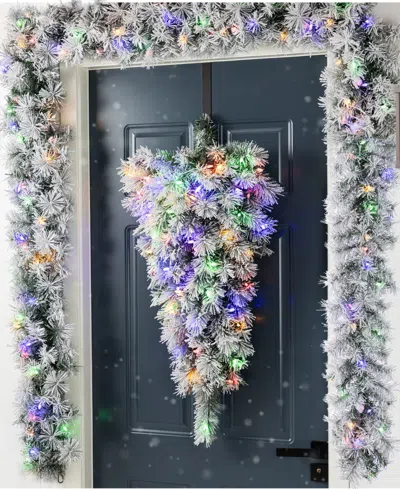 Glitzhome Pre-lit Snow Flocked Greenery Pine Christmas Teardrop And Matched Garlands, Set Of 3 In Multi
