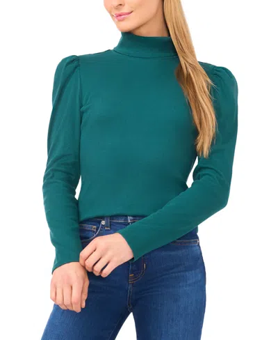 Cece Rib Knit Puff Sleeve Turtleneck Top In Green