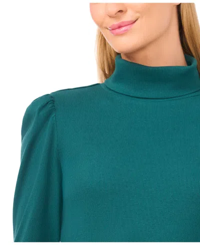Cece Rib Knit Puff Sleeve Turtleneck Top In Green