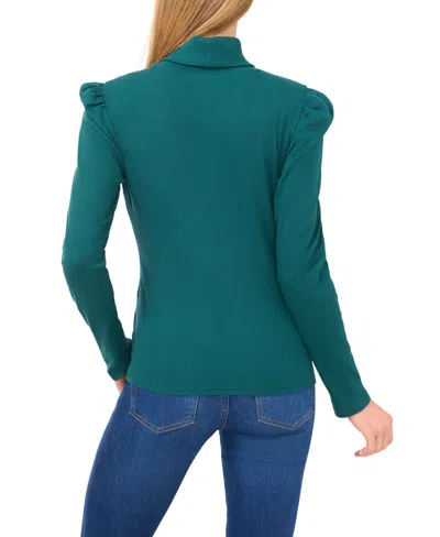 Cece Rib Knit Puff Sleeve Turtleneck Top In Green
