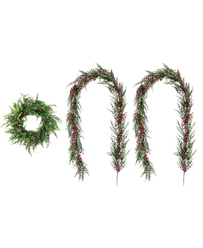 Glitzhome Christmas Greenery Dripping Eucalyptus Wreath And Matched Garlands, Set Of 3 In Multi