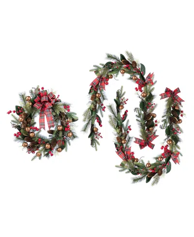 Glitzhome Christmas Bell, Pinecone And Berry Bow Wreath And Matched Garlands, Set Of 3 In Multi
