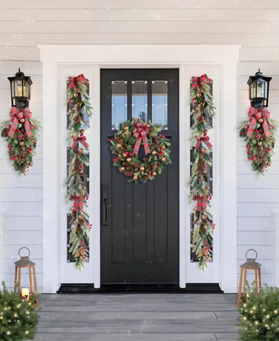 Glitzhome Christmas Bell, Pinecone And Berry Bow Wreath And Matched Garlands, Set Of 3 In Multi