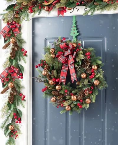 Glitzhome Christmas Bell, Pinecone And Berry Bow Wreath And Matched Garlands, Set Of 3 In Multi