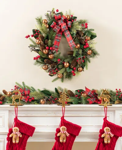 Glitzhome Christmas Bell, Pinecone And Berry Bow Wreath And Matched Garlands, Set Of 3 In Multi