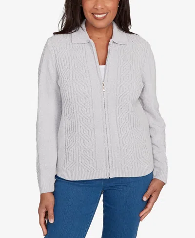 Alfred Dunner Women's Classic Zip-front Chenille Collared Cardigan Sweater In Gray