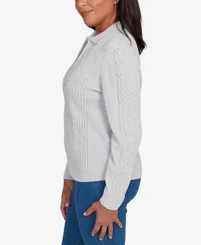 Alfred Dunner Women's Classic Zip-front Chenille Collared Cardigan Sweater In Gray