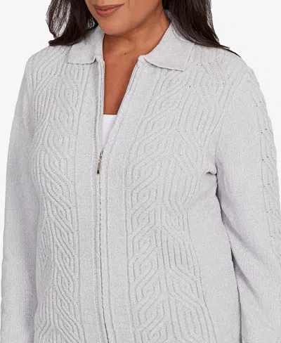 Alfred Dunner Women's Classic Zip-front Chenille Collared Cardigan Sweater In Gray