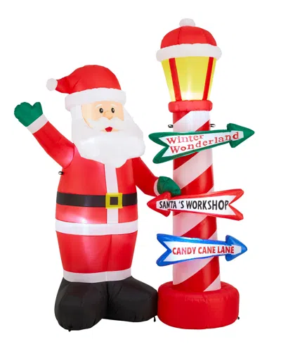 Glitzhome 7" Lighted Inflatable Santa With Lamp Post Sign Decor In Multi