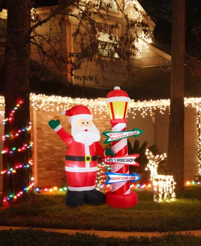 Glitzhome 7" Lighted Inflatable Santa With Lamp Post Sign Decor In Multi