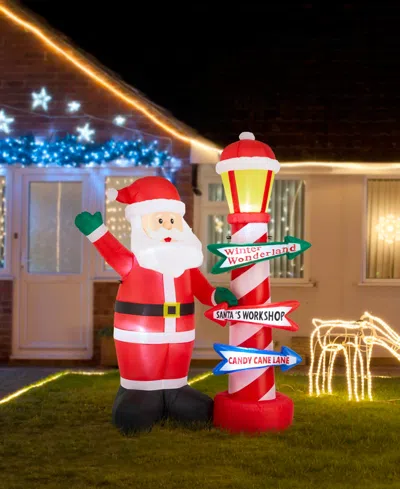 Glitzhome 7" Lighted Inflatable Santa With Lamp Post Sign Decor In Multi