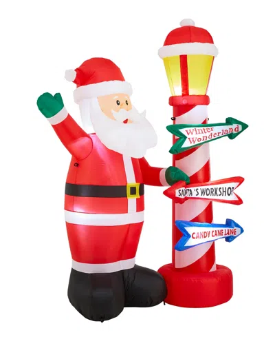 Glitzhome 7" Lighted Inflatable Santa With Lamp Post Sign Decor In Multi