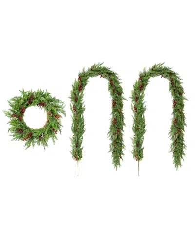 Glitzhome Christmas Greenery Dripping Cedar Wreath And Matched Garlands, Set Of 3 In Multi