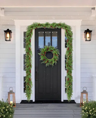 Glitzhome Christmas Greenery Dripping Cedar Wreath And Matched Garlands, Set Of 3 In Multi