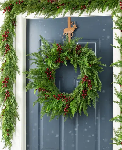 Glitzhome Christmas Greenery Dripping Cedar Wreath And Matched Garlands, Set Of 3 In Multi