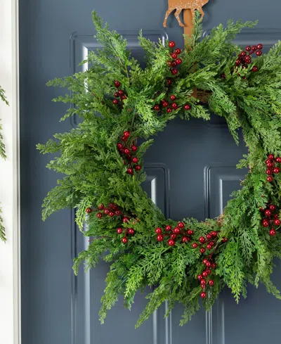 Glitzhome Christmas Greenery Dripping Cedar Wreath And Matched Garlands, Set Of 3 In Multi