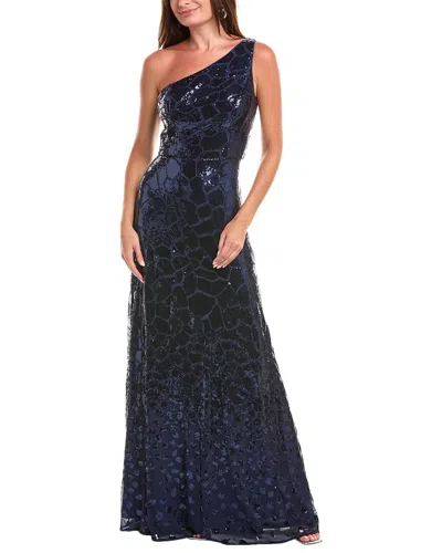 Rene Ruiz One-shoulder Sequin Column Gown In Blue