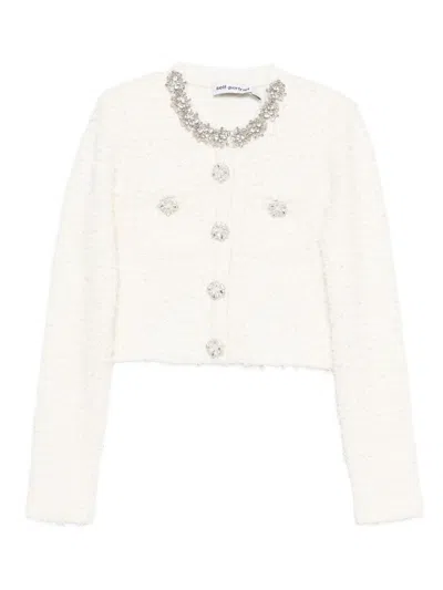 Self-portrait White Crewneck Cropped Cardigan With Crystal Embellishments On The Collar In Cotton Blend Woman In Neutral