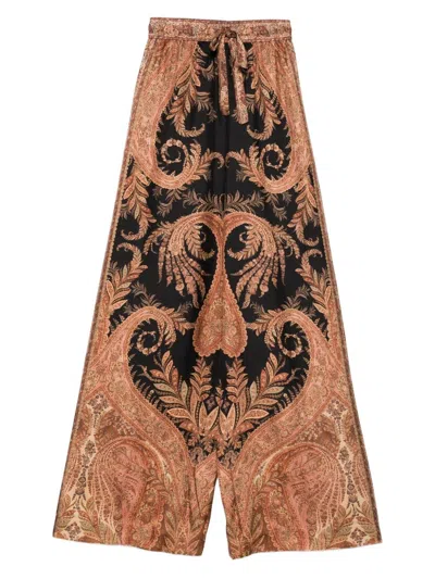 Zimmermann Wide-leg Trousers With Intricate Baroque Print And Adjustable Waistband In Multi