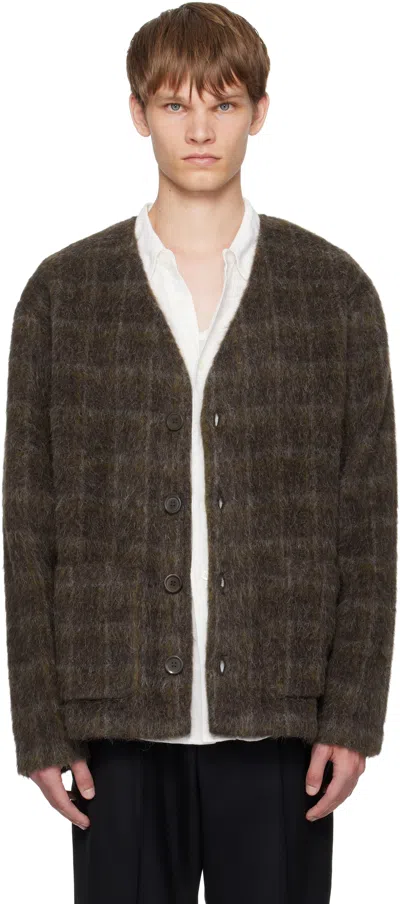Our Legacy Embroidered Wool Blend V-neck Cardigan With Front Pockets In Brown