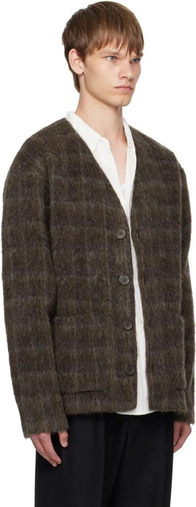 Our Legacy Embroidered Wool Blend V-neck Cardigan With Front Pockets In Brown