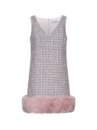 Self-portrait Pink Bouclé Faux Fur Hem Minidress In Pink