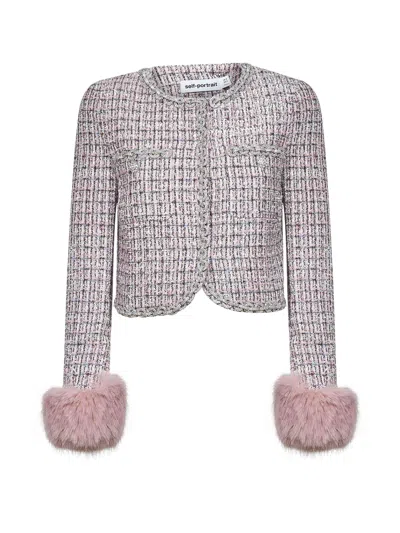 Self-portrait Textured Boucle Jacket With Classic Collar In Pink