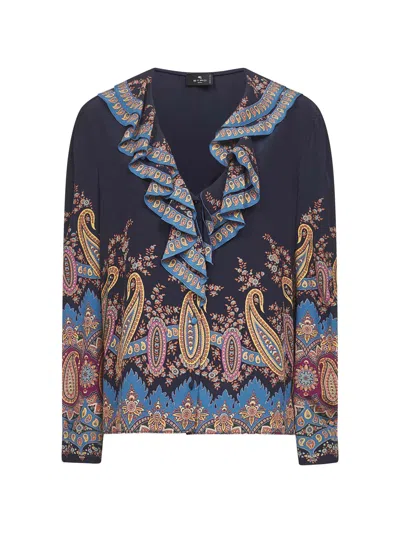 Etro Women's Long Sleeve Ruffled Neck Paisley Top In Blue