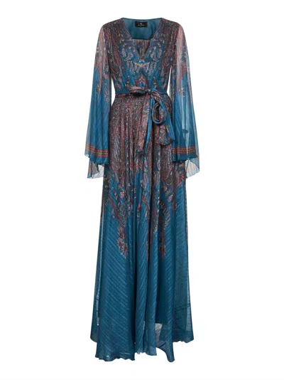 Etro Women Light Blue Paisley Print Pekin Crepon Long Dress