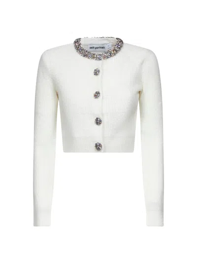 Self-portrait Whirw Cropped Crewneck Cardigan With Crystal Embellishments On Collar And Buttons In Wool Blend Woma In White