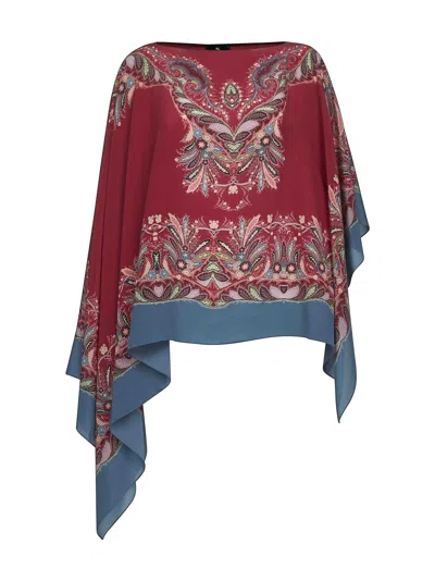 Etro Asymmetric Silk Poncho Top With Placed Print In Multi