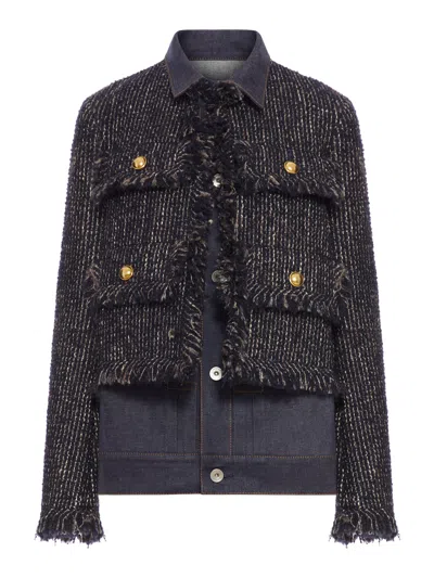 Sacai Tweed And Denim Blouson In Blue