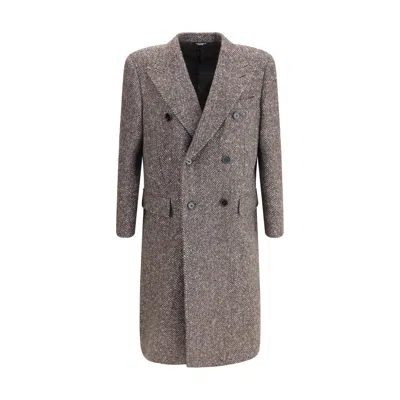 Dolce & Gabbana Double-breasted Herringbone Coat In Gray