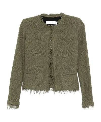 Iro Cotton Jacket With Frayed Edges And Tweed Texture In Green