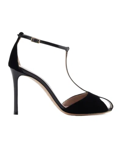 Emporio Armani Open Toe Stiletto T-bar Velvet Pumps In Black