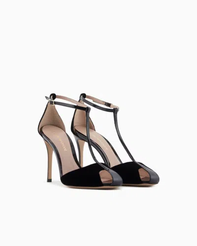 Emporio Armani Open Toe Stiletto T-bar Velvet Pumps In Black