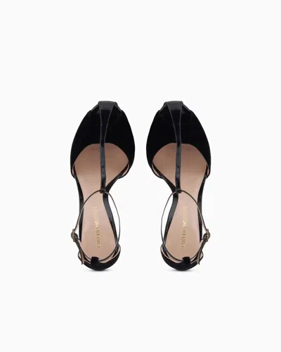 Emporio Armani Open Toe Stiletto T-bar Velvet Pumps In Black
