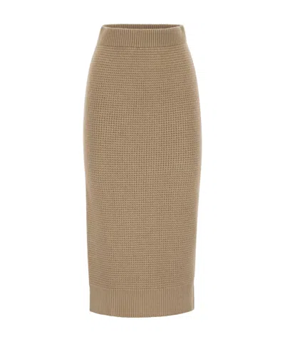 Peserico Fitted Long Skirt In Textured Knit Wool In Brown