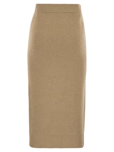 Peserico Fitted Long Skirt In Textured Knit Wool In Brown