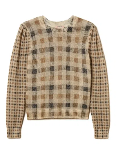 Twinset Checkered Knit Sweater With Puffed Sleeves In Multi