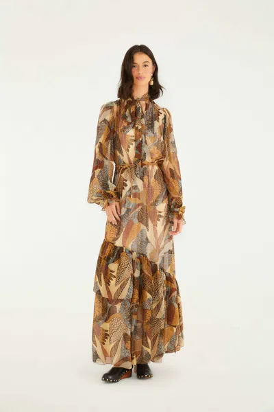 Farm Rio Long Sleeves Maxi Dress In Dotted Macaws Cream In Multi