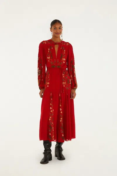 Farm Rio Red Berry Garden Long Sleeve Pleated Maxi Dress In Multi