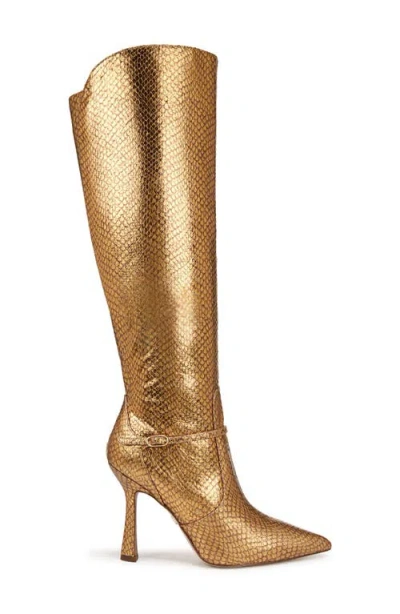 Sam Edelman Elia Pointed Toe Knee High Boot Gold Snake Embossed Leather In Gold