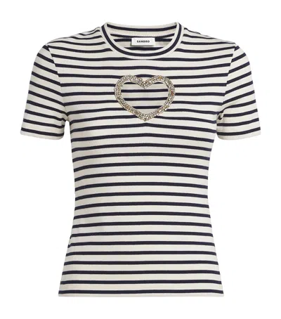 Sandro Womens Ecru Striped Embellished-heart Stretch-cotton T-shirt In Neutral